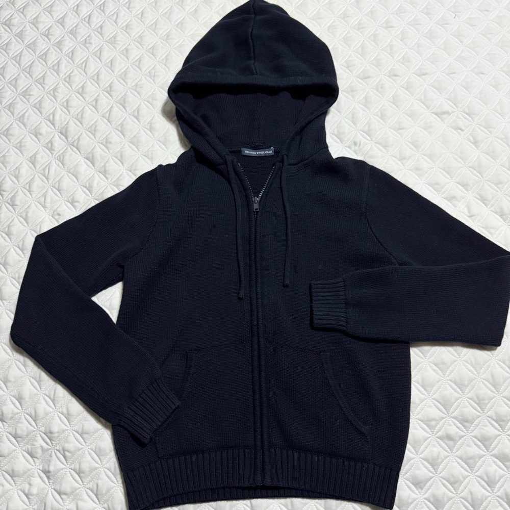 Brandy Melville Alana Navy Blue Knit Zip Up Hoodie Cardigan Sweater Size XS / S